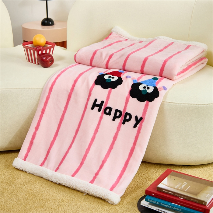 91家纺网 家纺一手货源 找家纺 呗旺鹿 2025新款高克重羊羔绒牛奶绒毛巾绣双层毯 Happy