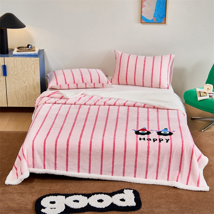 91家纺网 家纺一手货源 找家纺 呗旺鹿 2025新款高克重羊羔绒牛奶绒毛巾绣双层毯 Happy