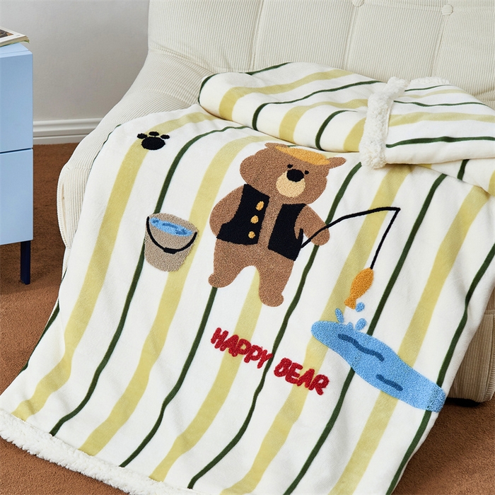 91家纺网 家纺一手货源 找家纺 呗旺鹿 2025新款高克重羊羔绒牛奶绒毛巾绣双层毯 钓鱼小熊