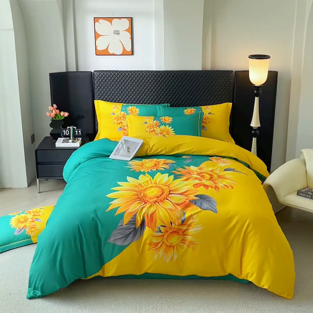 91家纺网 家纺一手货源 找家纺 金纱玉纺 2025年新款秋冬全棉印花四件套 日光序章-绿