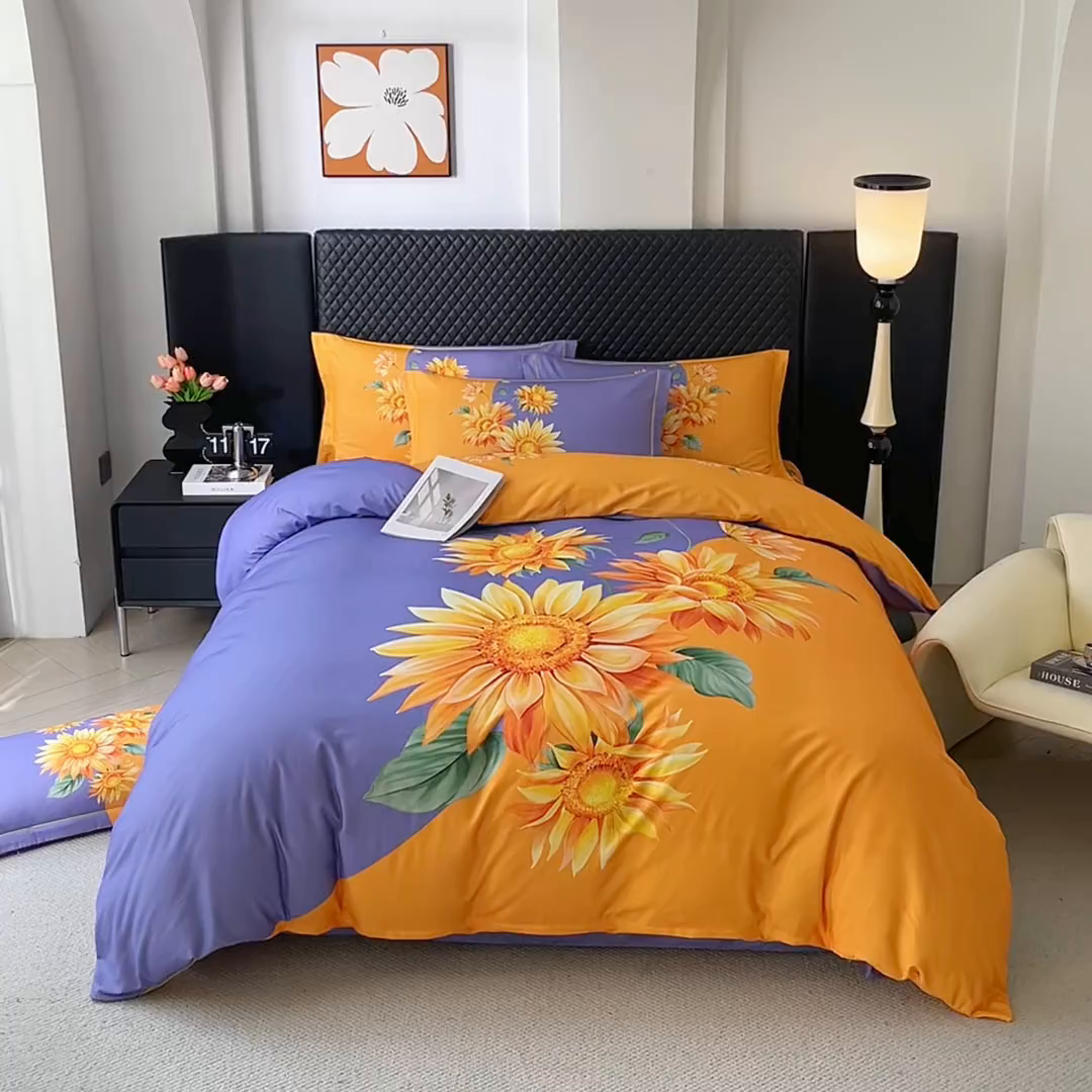 91家纺网 家纺一手货源 找家纺 金纱玉纺 2025年新款秋冬全棉印花四件套 日光序章-紫