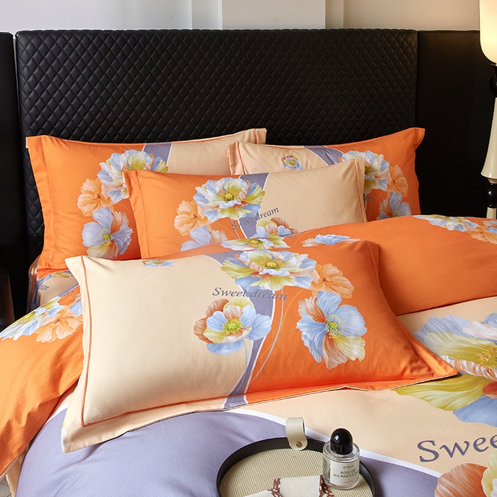 91家纺网 家纺一手货源 找家纺 金纱玉纺 2025年新款秋冬全棉印花四件套 思逸绽放-灰