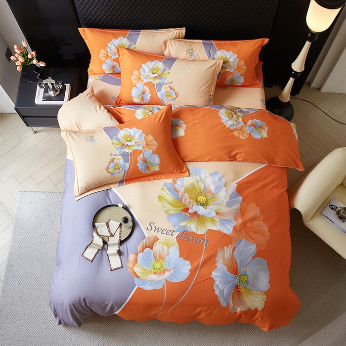 91家纺网 家纺一手货源 找家纺 金纱玉纺 2025年新款秋冬全棉印花四件套 思逸绽放-灰