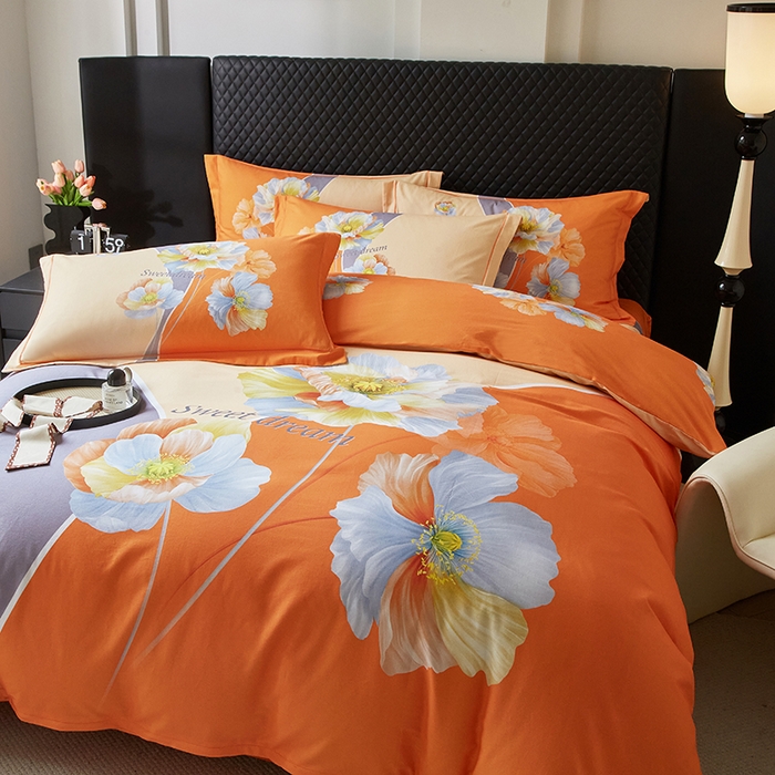 91家纺网 家纺一手货源 找家纺 金纱玉纺 2025年新款秋冬全棉印花四件套 思逸绽放-灰