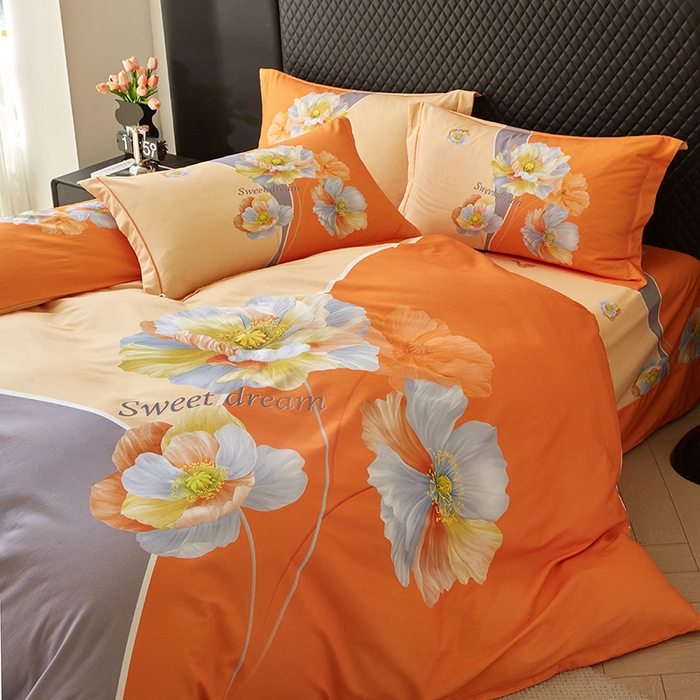 91家纺网 家纺一手货源 找家纺 金纱玉纺 2025年新款秋冬全棉印花四件套 思逸绽放-灰