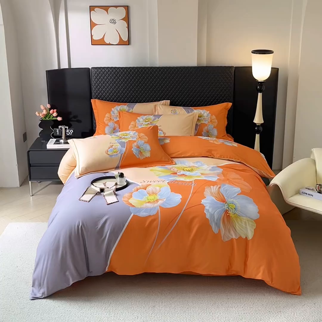 91家纺网 家纺一手货源 找家纺 金纱玉纺 2025年新款秋冬全棉印花四件套 思逸绽放-灰