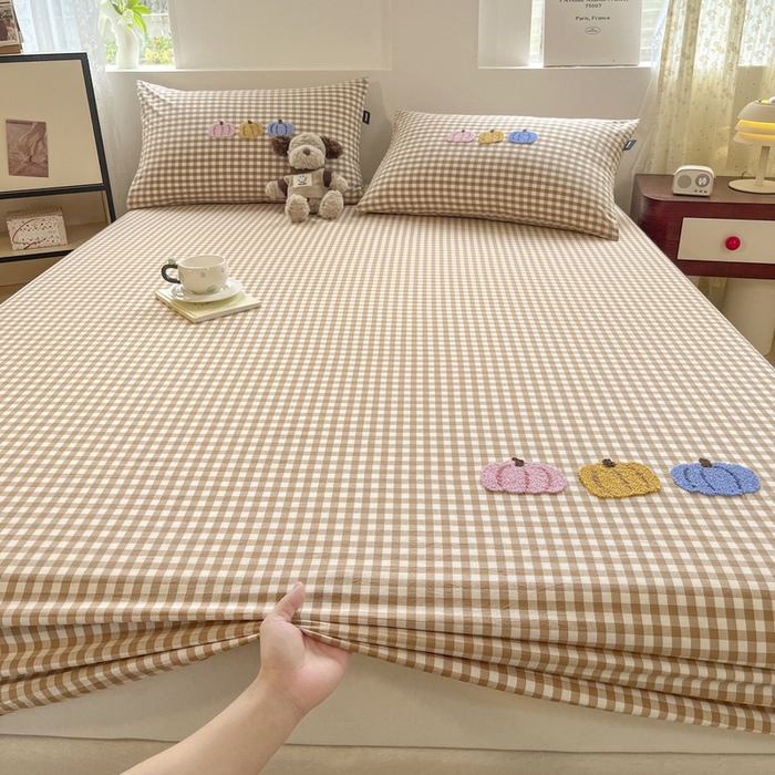 91家纺网 家纺一手货源 找家纺 卡姿家纺 2025春夏色织水洗棉单品床笠 水洗棉床笠-卡其格