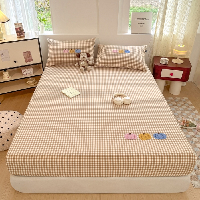 91家纺网 家纺一手货源 找家纺 卡姿家纺 2025春夏色织水洗棉单品床笠 水洗棉床笠-卡其格