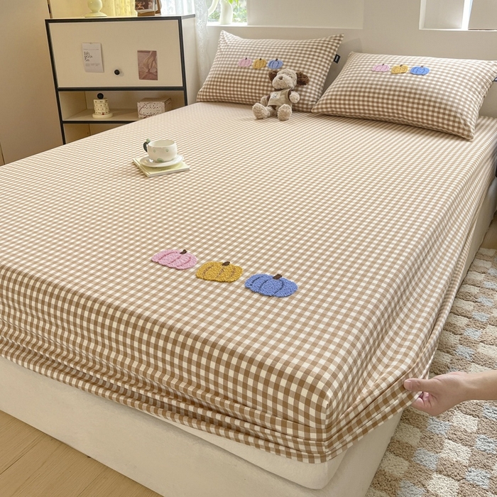 91家纺网 家纺一手货源 找家纺 卡姿家纺 2025春夏色织水洗棉单品床笠 水洗棉床笠-卡其格