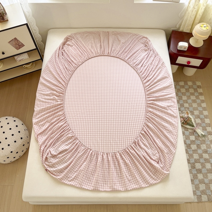 91家纺网 家纺一手货源 找家纺 卡姿家纺 2025春夏色织水洗棉单品床笠 水洗棉床笠-粉小格