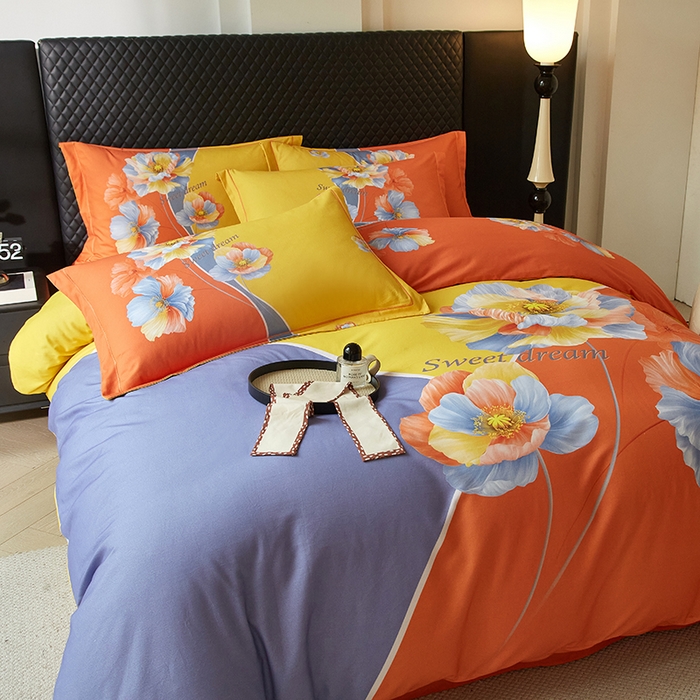 91家纺网 家纺一手货源 找家纺 金纱玉纺 2025年新款秋冬全棉印花四件套 思逸绽放-蓝