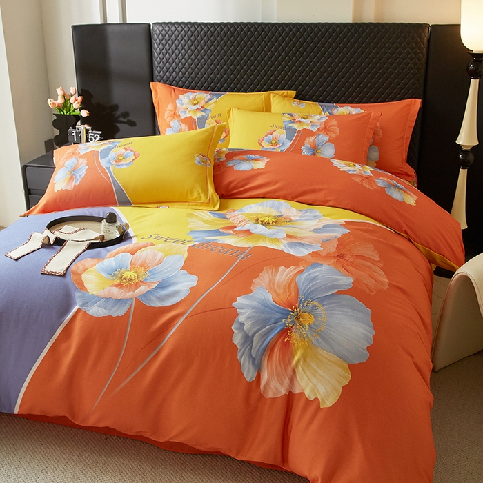 91家纺网 家纺一手货源 找家纺 金纱玉纺 2025年新款秋冬全棉印花四件套 思逸绽放-蓝