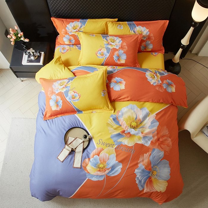 91家纺网 家纺一手货源 找家纺 金纱玉纺 2025年新款秋冬全棉印花四件套 思逸绽放-蓝