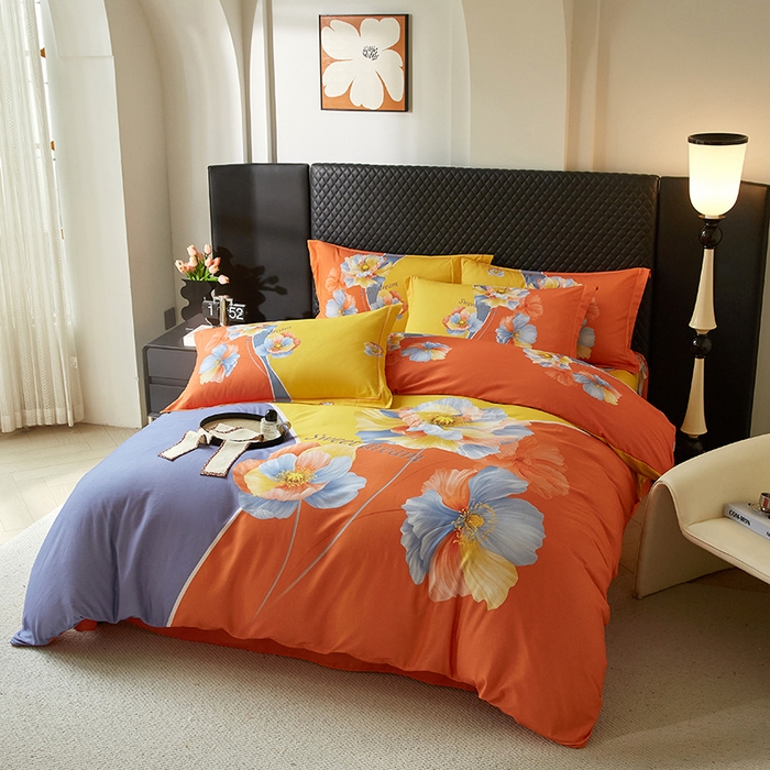 91家纺网 家纺一手货源 找家纺 金纱玉纺 2025年新款秋冬全棉印花四件套 思逸绽放-蓝