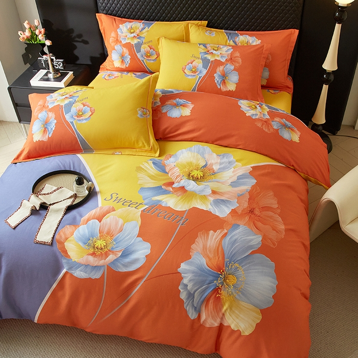 91家纺网 家纺一手货源 找家纺 金纱玉纺 2025年新款秋冬全棉印花四件套 思逸绽放-蓝