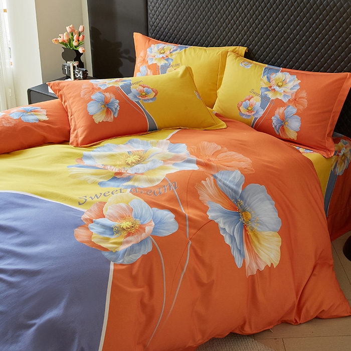 91家纺网 家纺一手货源 找家纺 金纱玉纺 2025年新款秋冬全棉印花四件套 思逸绽放-蓝