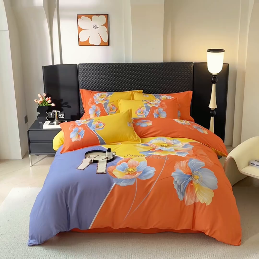 91家纺网 家纺一手货源 找家纺 金纱玉纺 2025年新款秋冬全棉印花四件套 思逸绽放-蓝