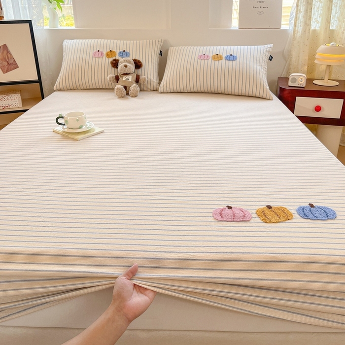 91家纺网 家纺一手货源 找家纺 卡姿家纺 2025春夏色织水洗棉单品床笠 水洗棉床笠-黄灰细条