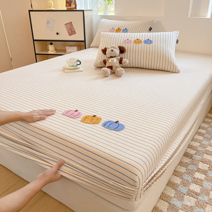 91家纺网 家纺一手货源 找家纺 卡姿家纺 2025春夏色织水洗棉单品床笠 水洗棉床笠-黄灰细条