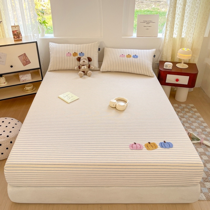 91家纺网 家纺一手货源 找家纺 卡姿家纺 2025春夏色织水洗棉单品床笠 水洗棉床笠-黄灰细条