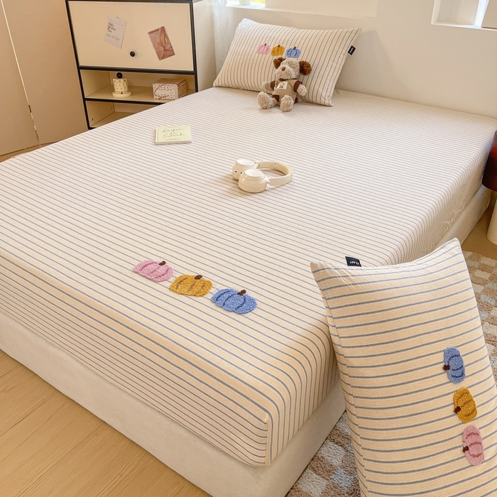 91家纺网 家纺一手货源 找家纺 卡姿家纺 2025春夏色织水洗棉单品床笠 水洗棉床笠-黄灰细条