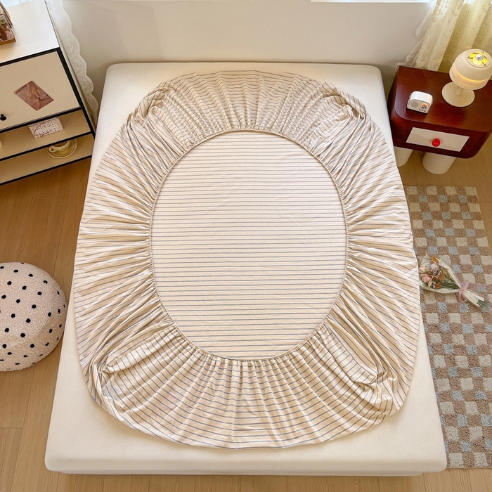 91家纺网 家纺一手货源 找家纺 卡姿家纺 2025春夏色织水洗棉单品床笠 水洗棉床笠-黄灰细条