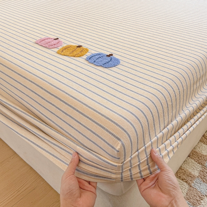 91家纺网 家纺一手货源 找家纺 卡姿家纺 2025春夏色织水洗棉单品床笠 水洗棉床笠-黄灰细条