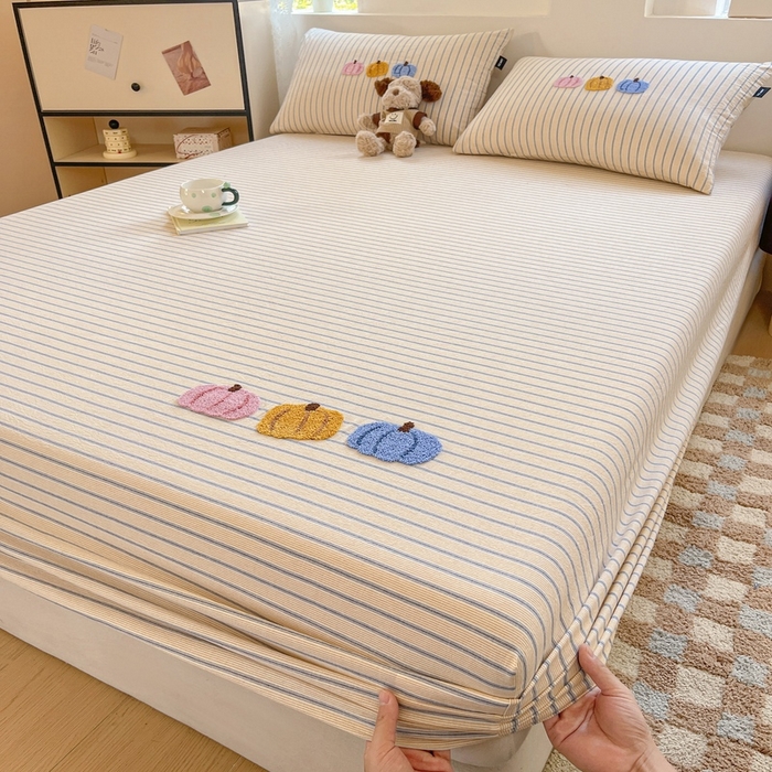 91家纺网 家纺一手货源 找家纺 卡姿家纺 2025春夏色织水洗棉单品床笠 水洗棉床笠-黄灰细条