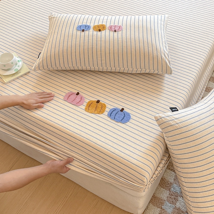 91家纺网 家纺一手货源 找家纺 卡姿家纺 2025春夏色织水洗棉单品床笠 水洗棉床笠-黄灰细条