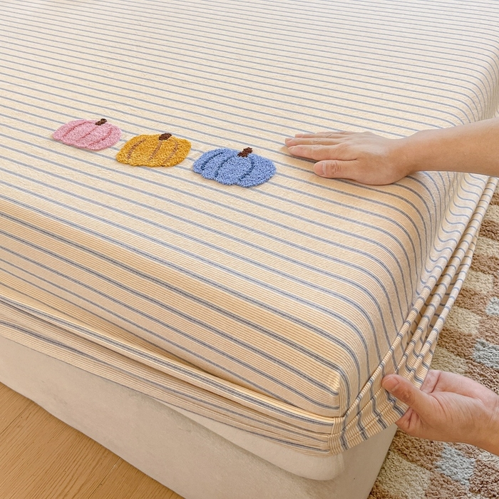 91家纺网 家纺一手货源 找家纺 卡姿家纺 2025春夏色织水洗棉单品床笠 水洗棉床笠-黄灰细条