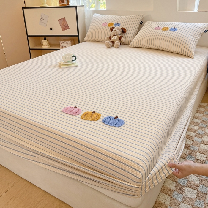 91家纺网 家纺一手货源 找家纺 卡姿家纺 2025春夏色织水洗棉单品床笠 水洗棉床笠-黄灰细条