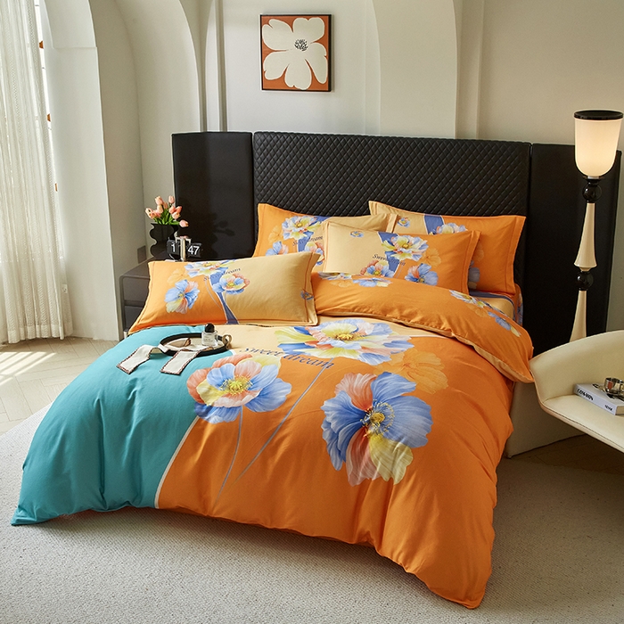 91家纺网 家纺一手货源 找家纺 金纱玉纺 2025年新款秋冬全棉印花四件套 思逸绽放-绿