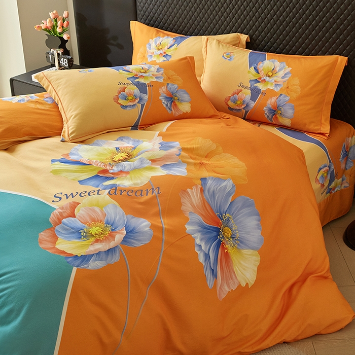 91家纺网 家纺一手货源 找家纺 金纱玉纺 2025年新款秋冬全棉印花四件套 思逸绽放-绿