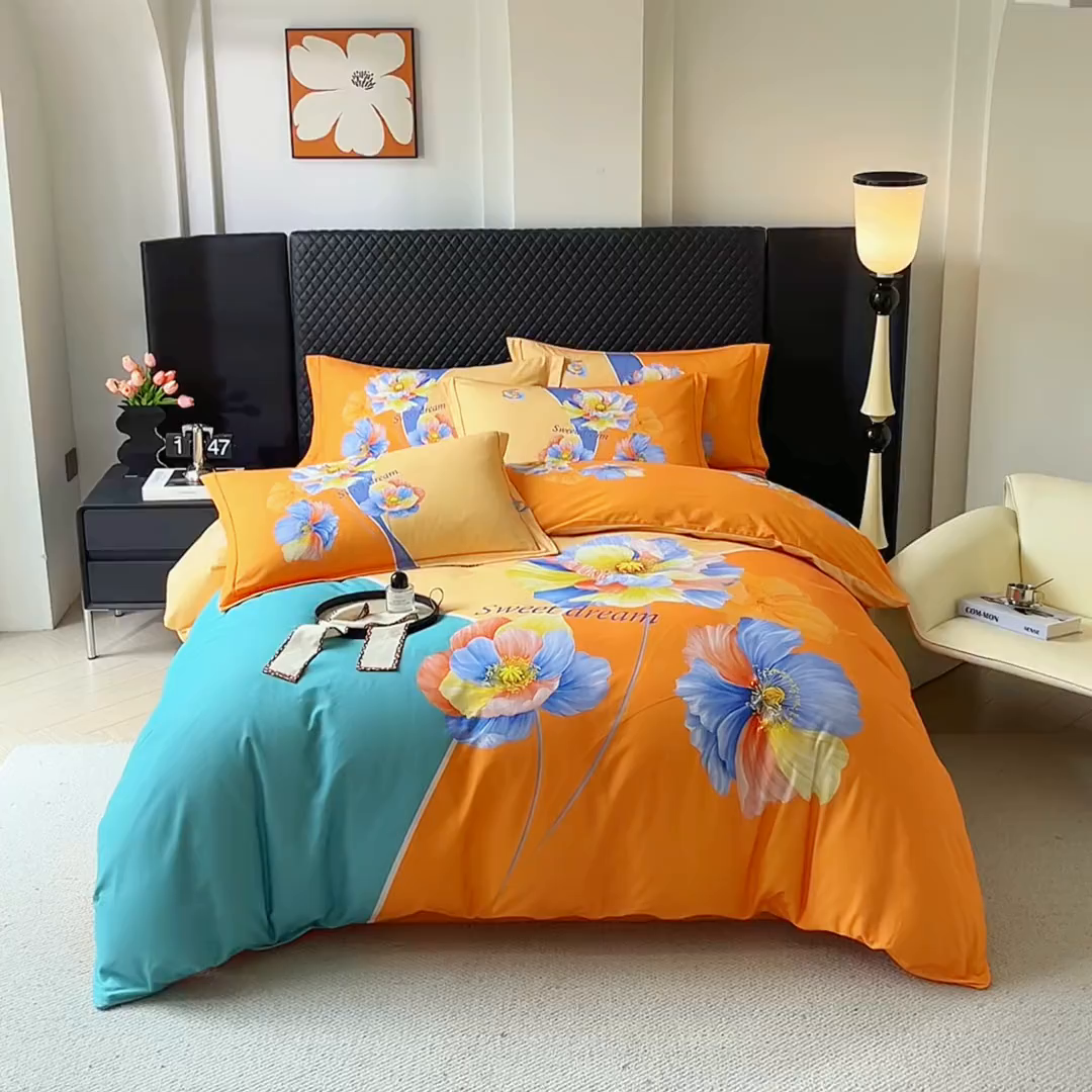 91家纺网 家纺一手货源 找家纺 金纱玉纺 2025年新款秋冬全棉印花四件套 思逸绽放-绿