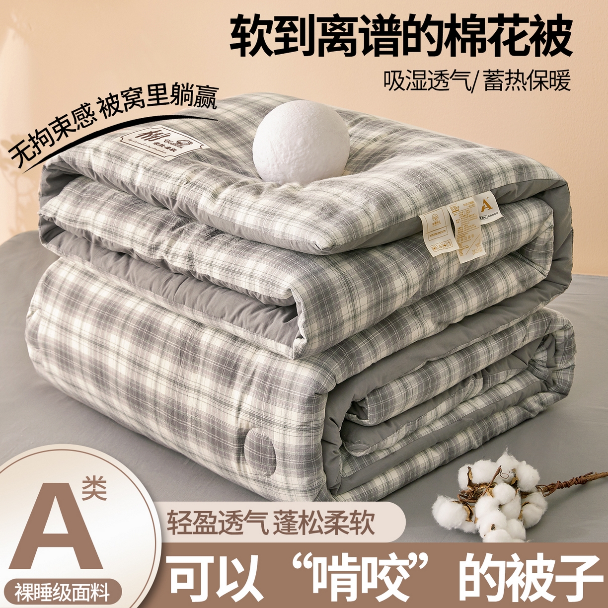 晓时候 2025新款A类水洗棉冬被新疆棉花被夏被春秋被四季被子被芯 可可灰