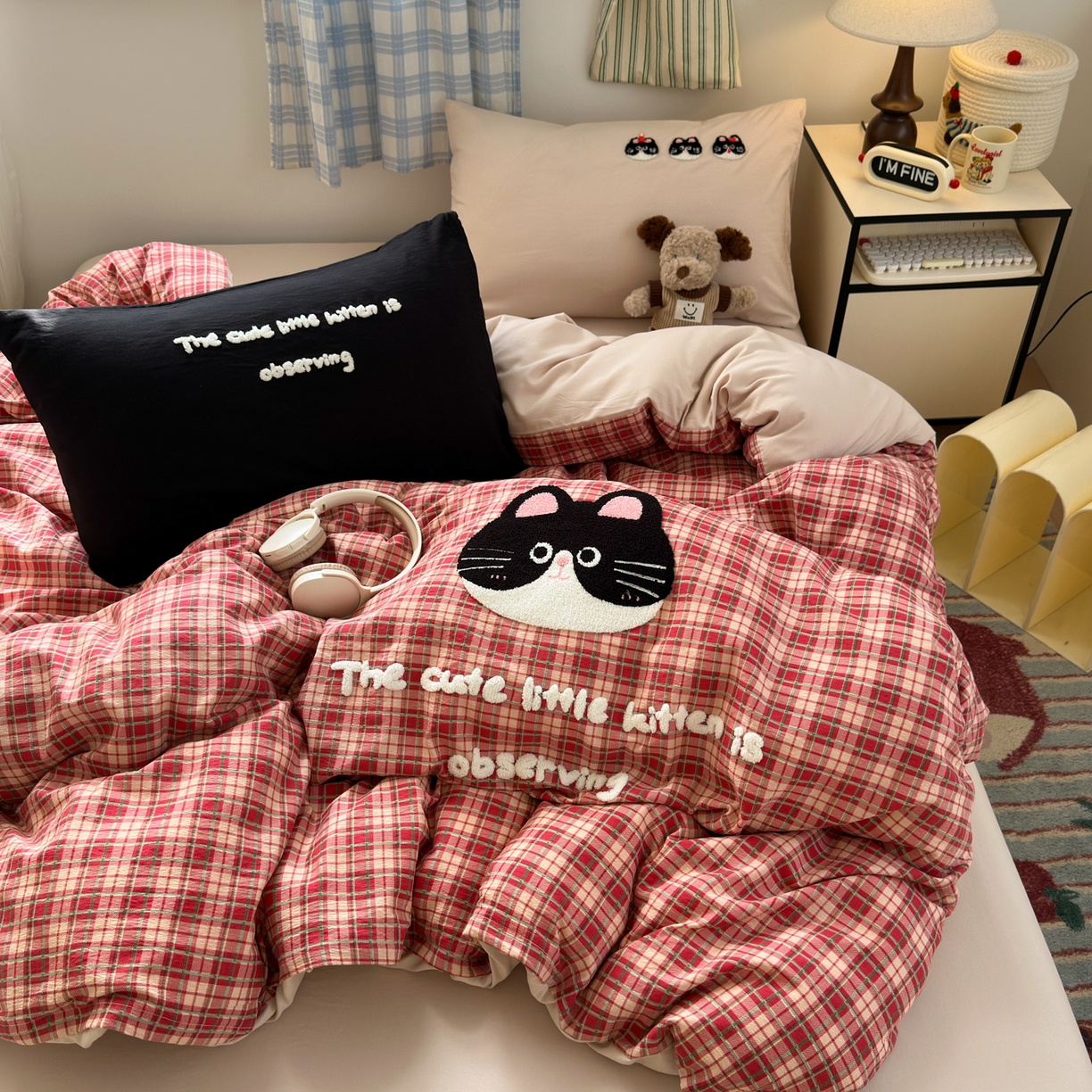 91家纺网 家纺一手货源 找家纺 一霖家纺 2025新款高克重云朵棉毛巾绣印绣四件套-小清新-第四波小清新系列 大脸猫