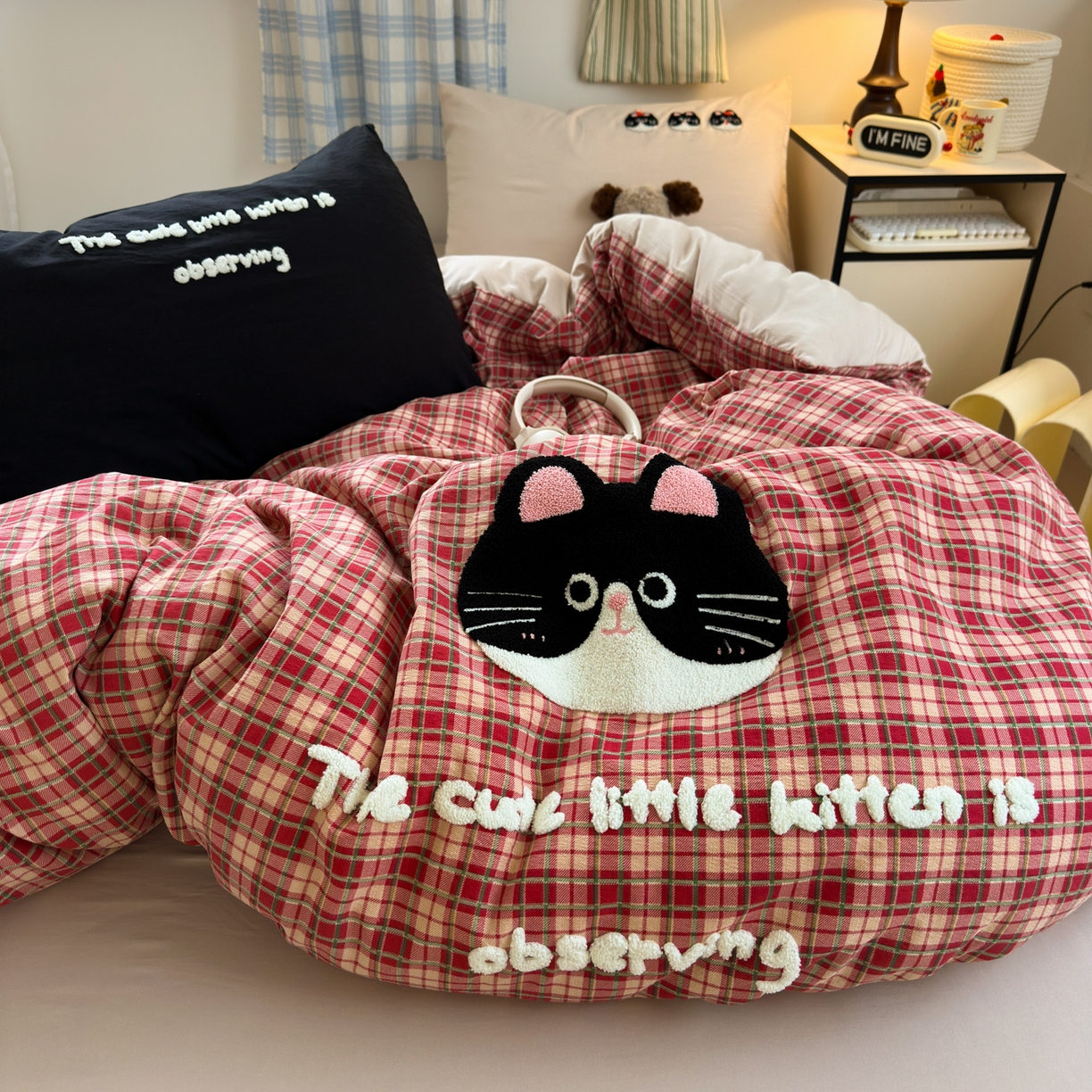 91家纺网 家纺一手货源 找家纺 一霖家纺 2025新款高克重云朵棉毛巾绣印绣四件套-小清新-第四波小清新系列 大脸猫