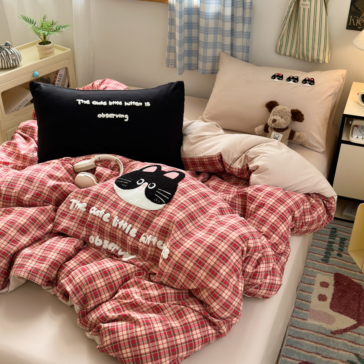 91家纺网 家纺一手货源 找家纺 一霖家纺 2025新款高克重云朵棉毛巾绣印绣四件套-小清新-第四波小清新系列 大脸猫