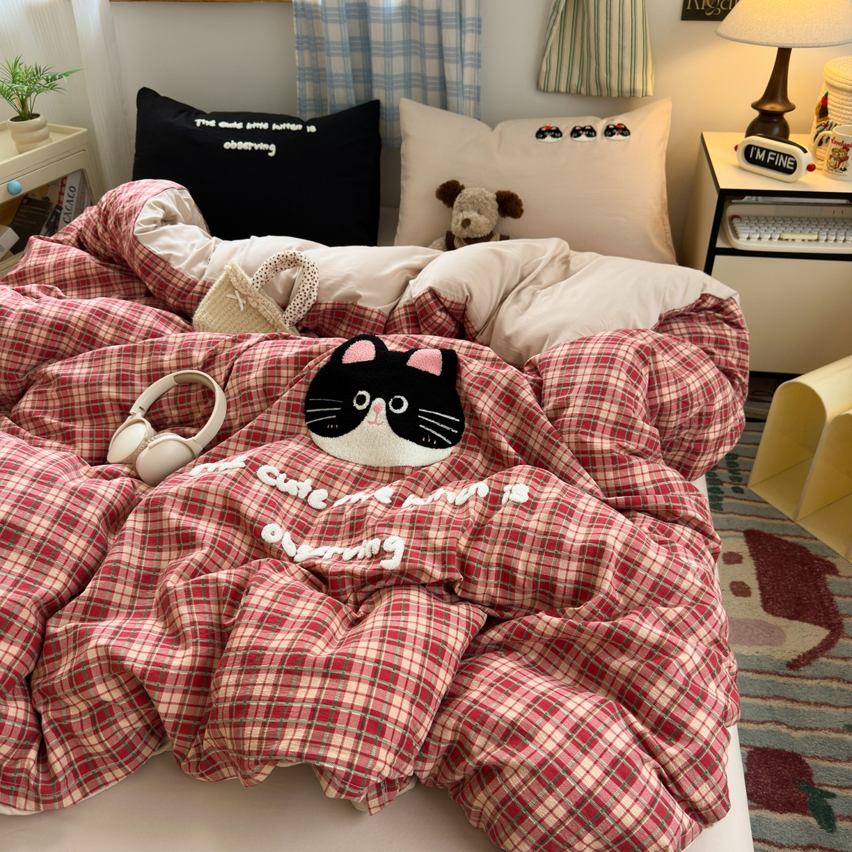 91家纺网 家纺一手货源 找家纺 一霖家纺 2025新款高克重云朵棉毛巾绣印绣四件套-小清新-第四波小清新系列 大脸猫