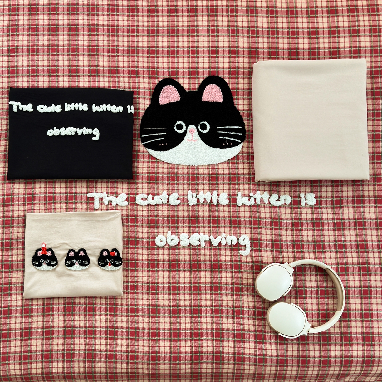 91家纺网 家纺一手货源 找家纺 一霖家纺 2025新款高克重云朵棉毛巾绣印绣四件套-小清新-第四波小清新系列 大脸猫