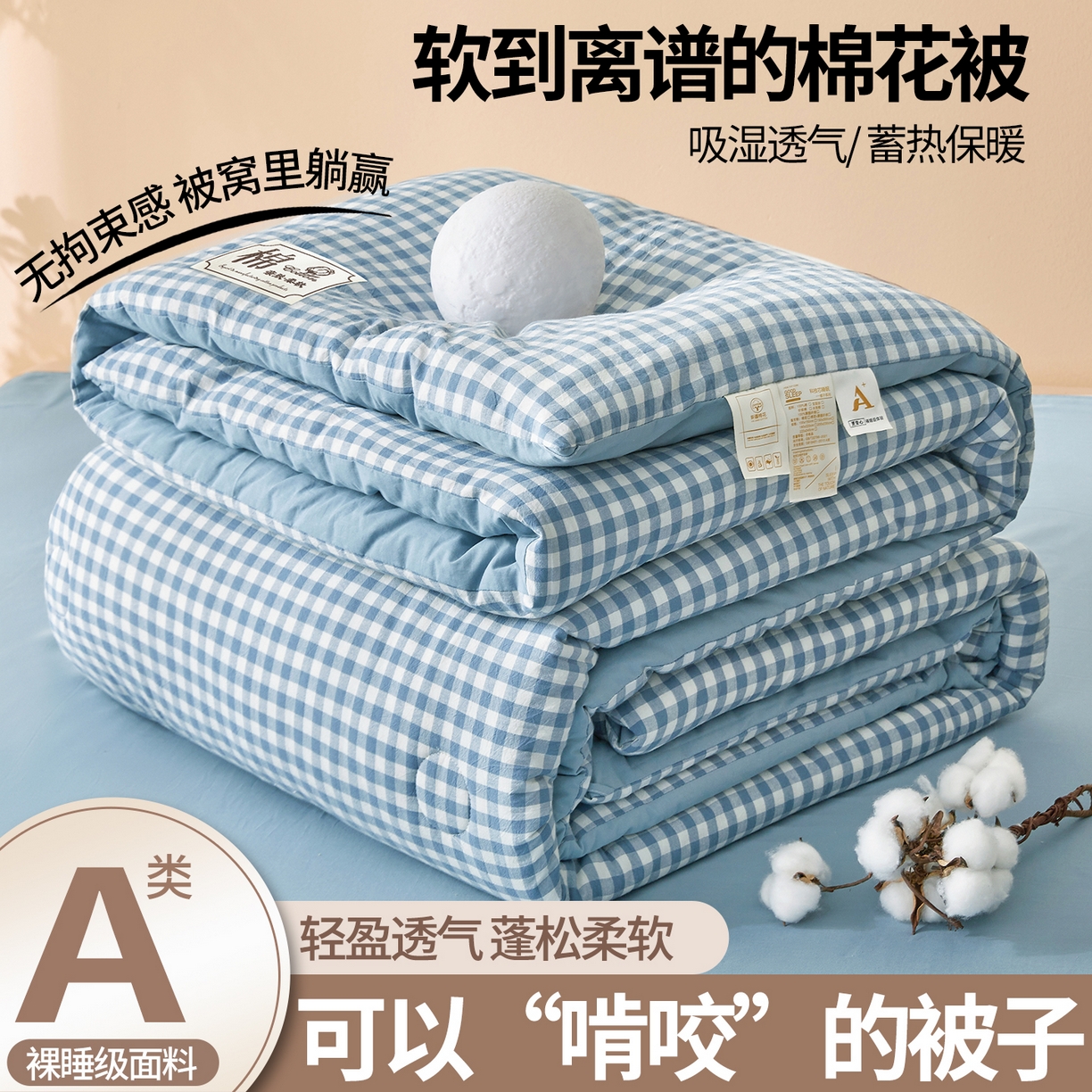 晓时候 2025新款A类水洗棉冬被新疆棉花被夏被春秋被四季被子被芯 浅蓝小格
