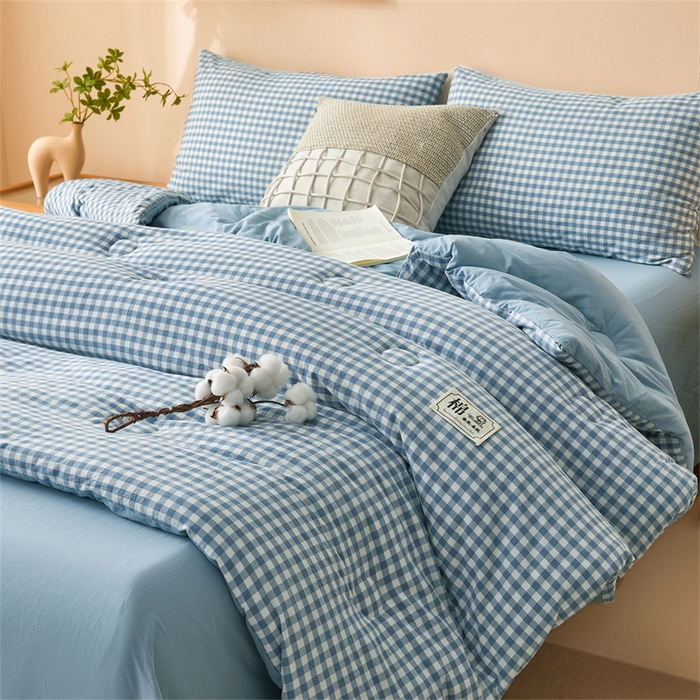 91家纺网 家纺一手货源 找家纺 晓时候 2025新款A类水洗棉冬被新疆棉花被夏被春秋被四季被子被芯 浅蓝小格