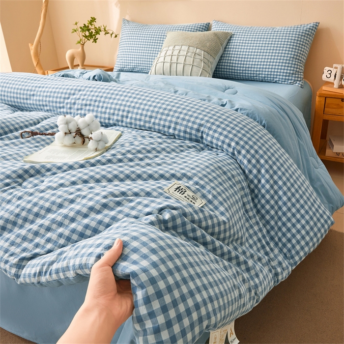 91家纺网 家纺一手货源 找家纺 晓时候 2025新款A类水洗棉冬被新疆棉花被夏被春秋被四季被子被芯 浅蓝小格