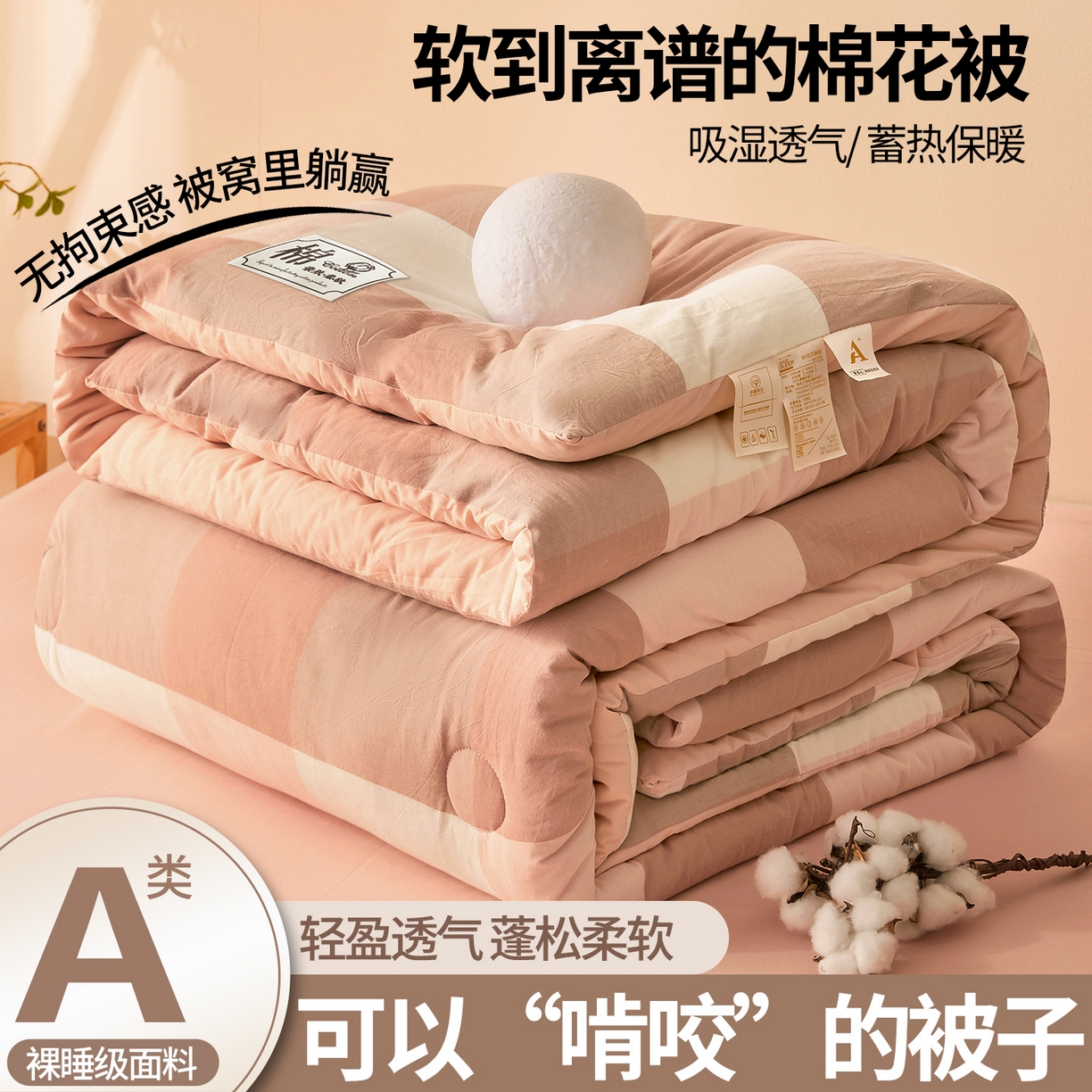 晓时候 2025新款A类水洗棉冬被新疆棉花被夏被春秋被四季被子被芯 玉粉格