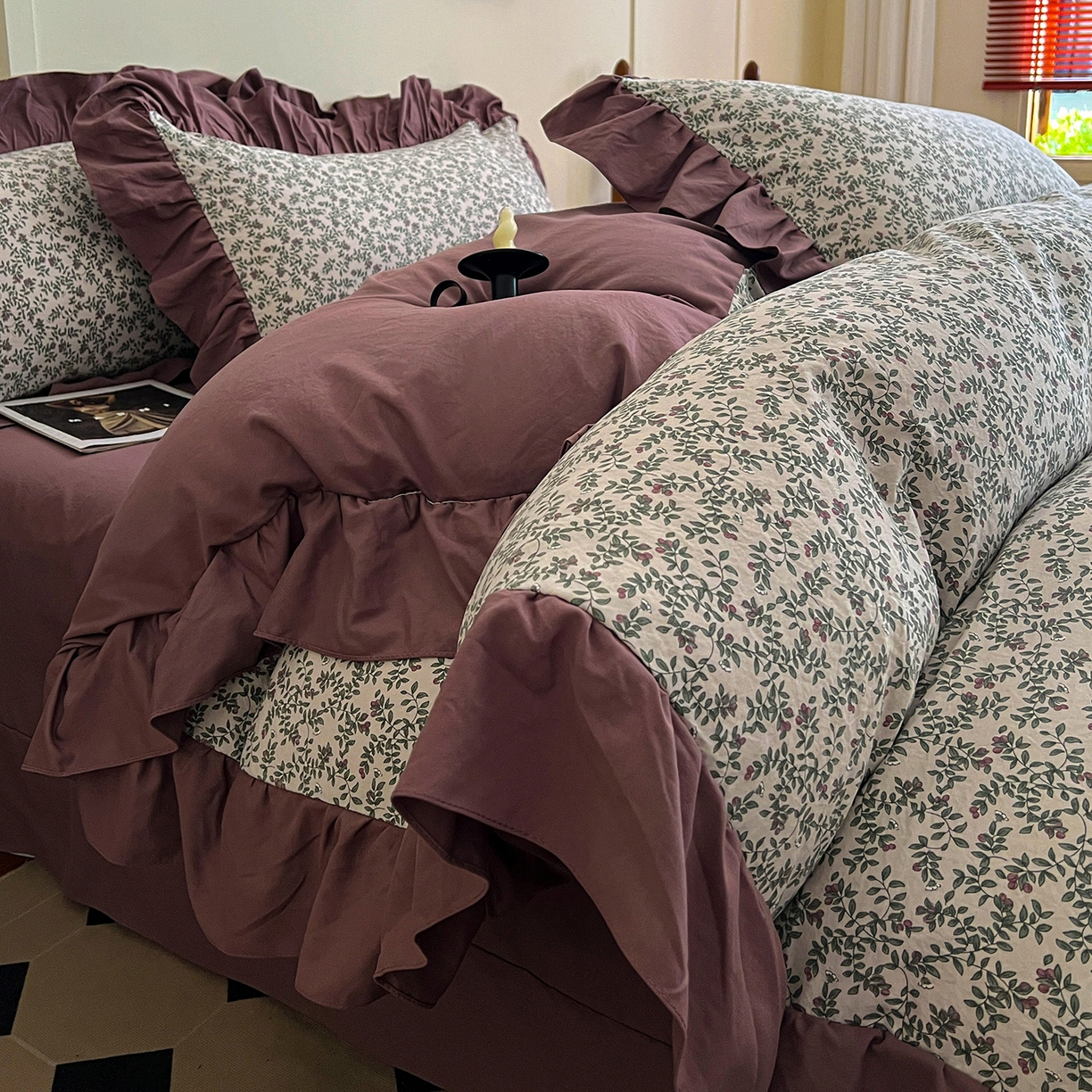 91家纺网 家纺一手货源 找家纺 梦莱斯 2025新款高克重云感棉四件套-花边款 庭院春深