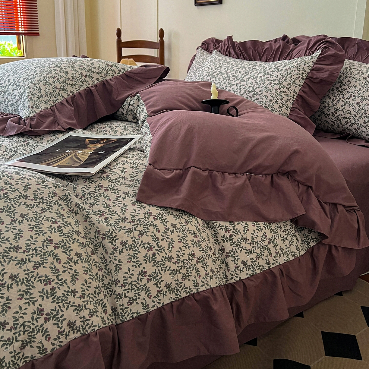 91家纺网 家纺一手货源 找家纺 梦莱斯 2025新款高克重云感棉四件套-花边款 庭院春深