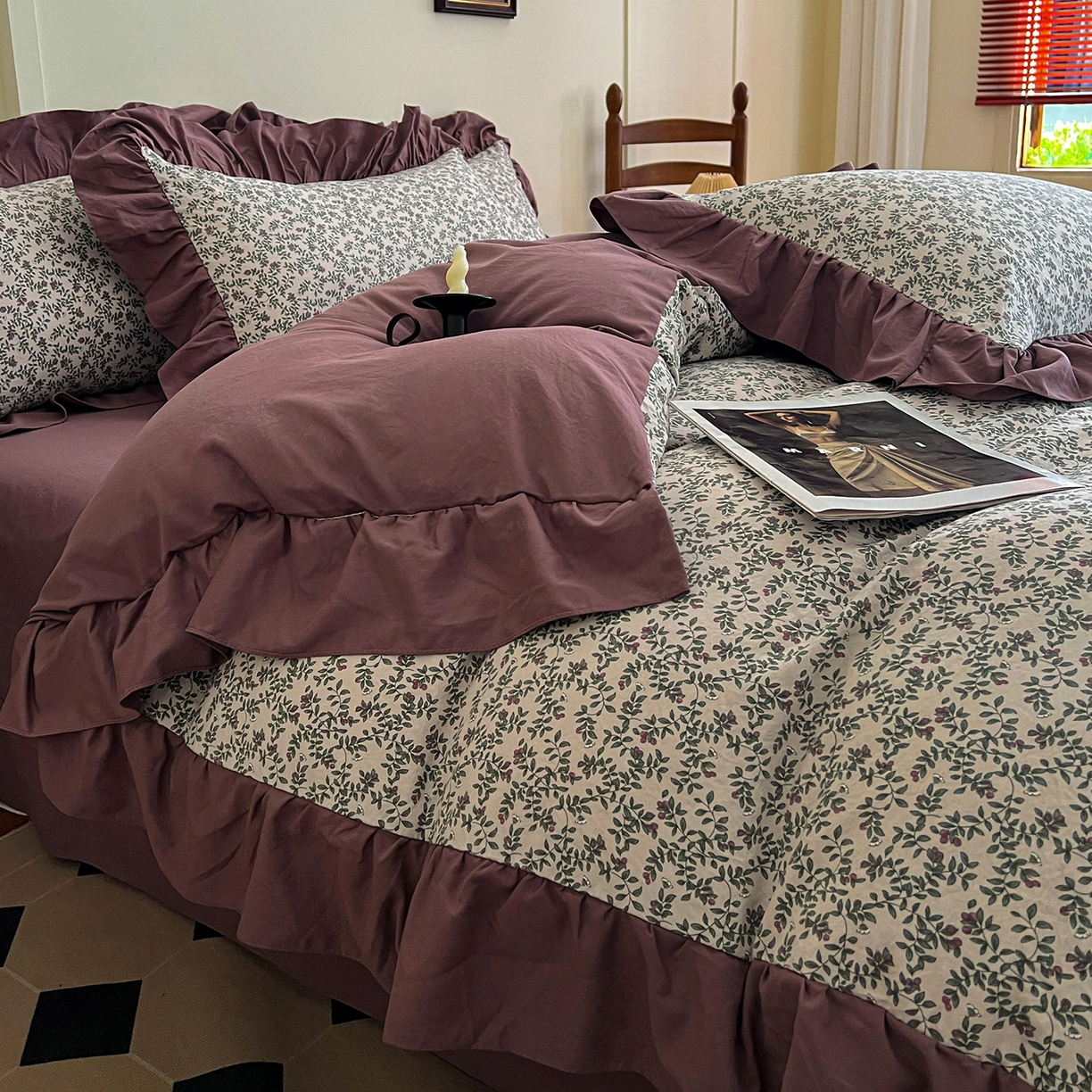 91家纺网 家纺一手货源 找家纺 梦莱斯 2025新款高克重云感棉四件套-花边款 庭院春深