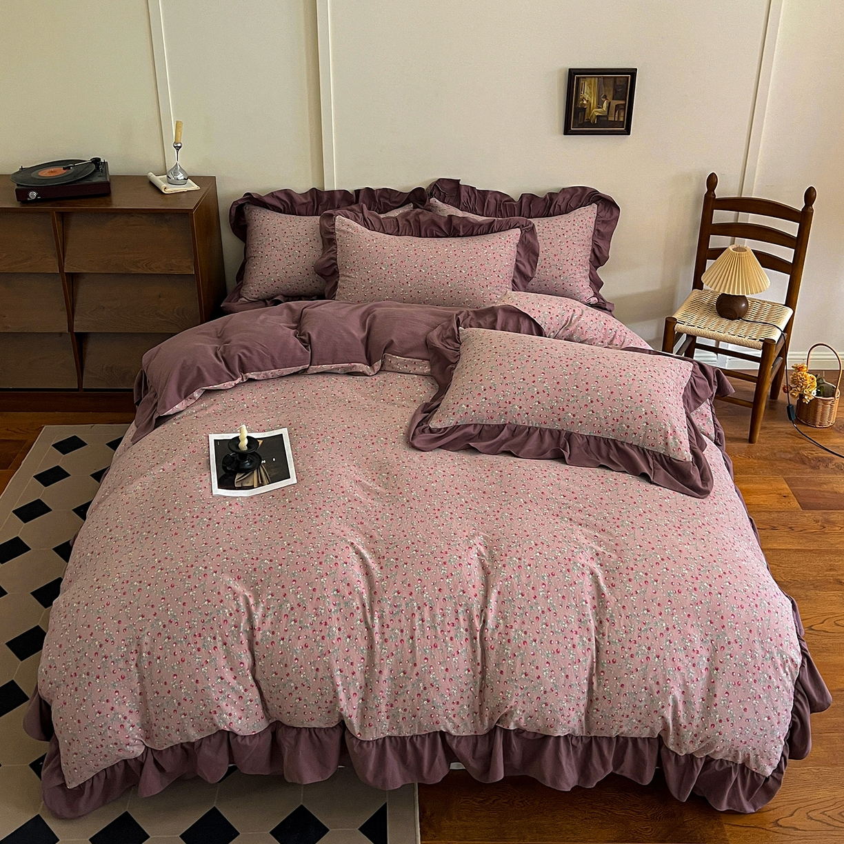 91家纺网 家纺一手货源 找家纺 梦莱斯 2025新款高克重云感棉四件套-花边款 樱桃季