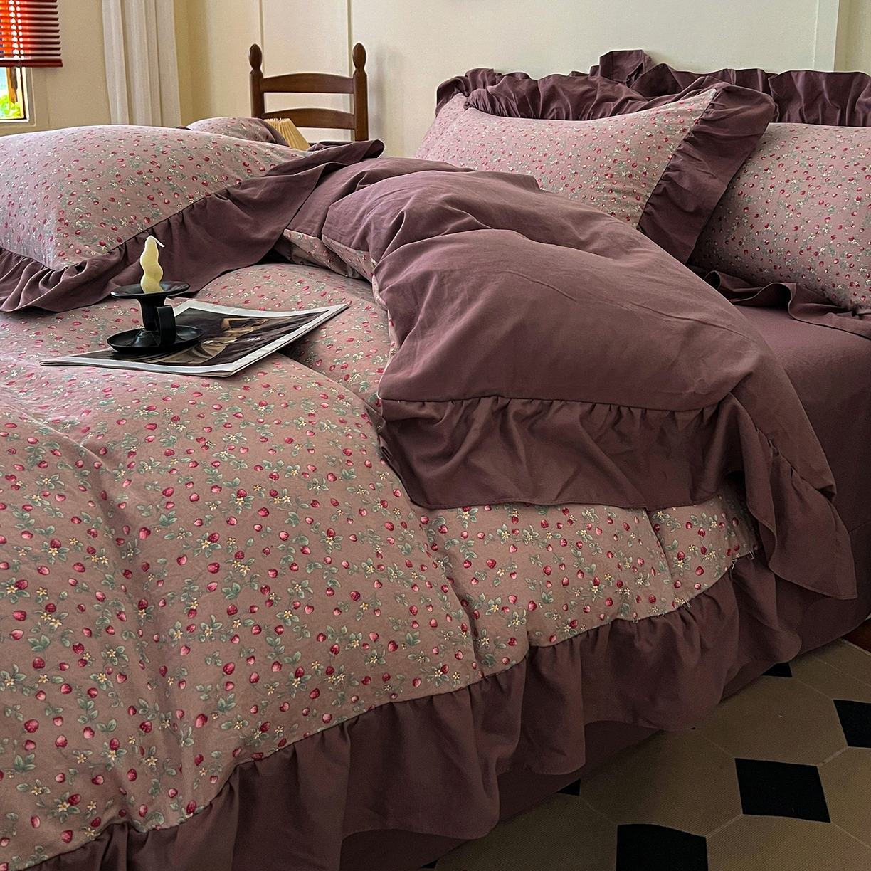 91家纺网 家纺一手货源 找家纺 梦莱斯 2025新款高克重云感棉四件套-花边款 樱桃季