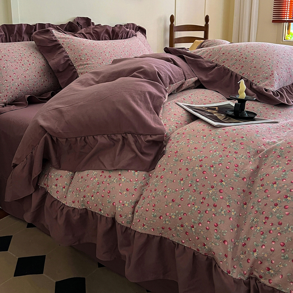 91家纺网 家纺一手货源 找家纺 梦莱斯 2025新款高克重云感棉四件套-花边款 樱桃季